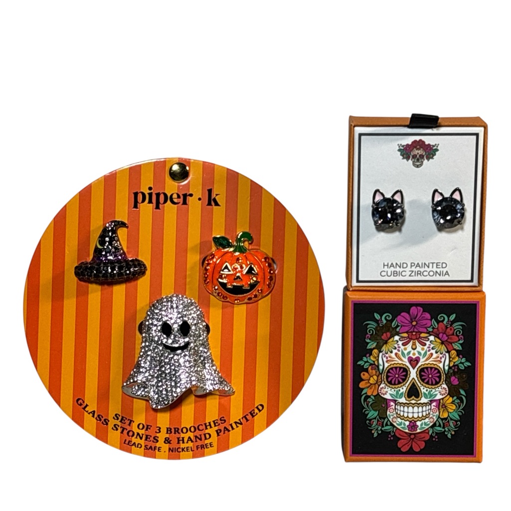 Nib Piper K Halloween Brooch Set & Rhinestone Post Cat Earrings